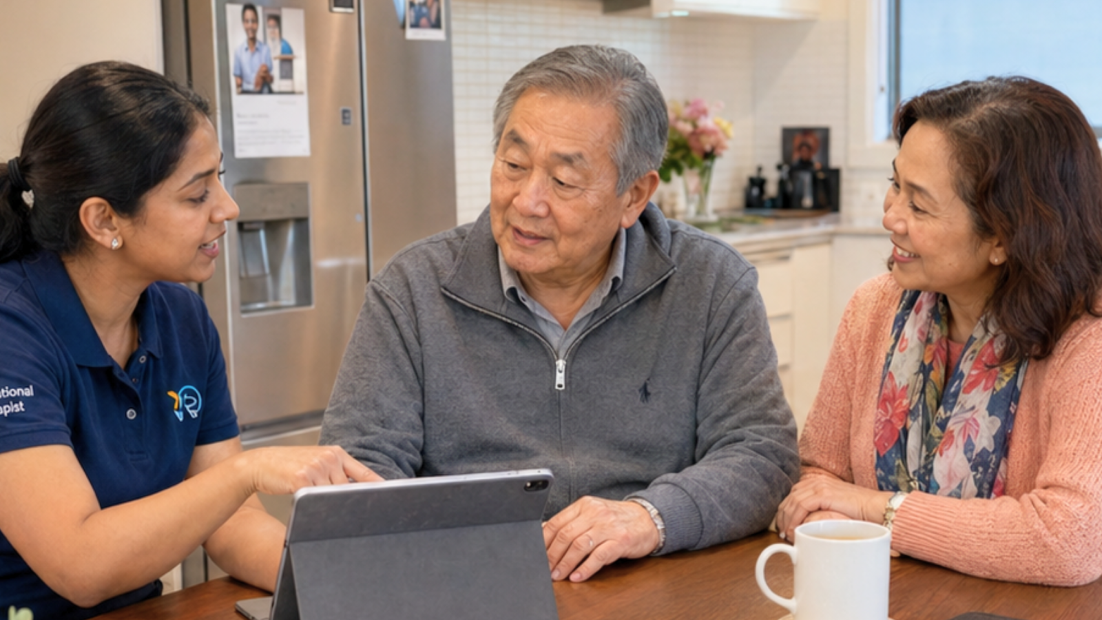 occupational therapist speaking with an older person and carer during a home safety assessment