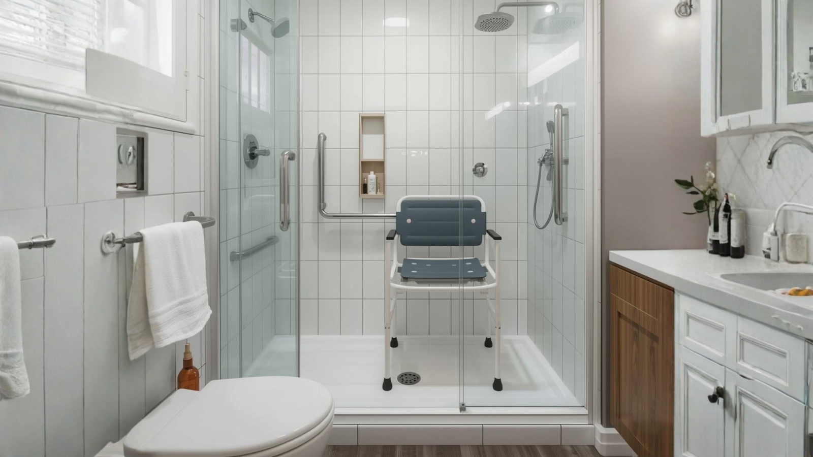 accessible bathroom setup with shower chair and grab rail for safer home care