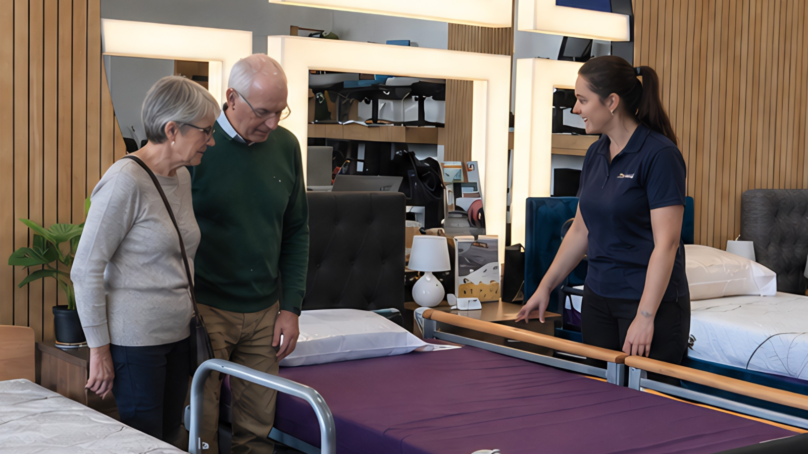 family and product specialist comparing home care bed options in a showroom