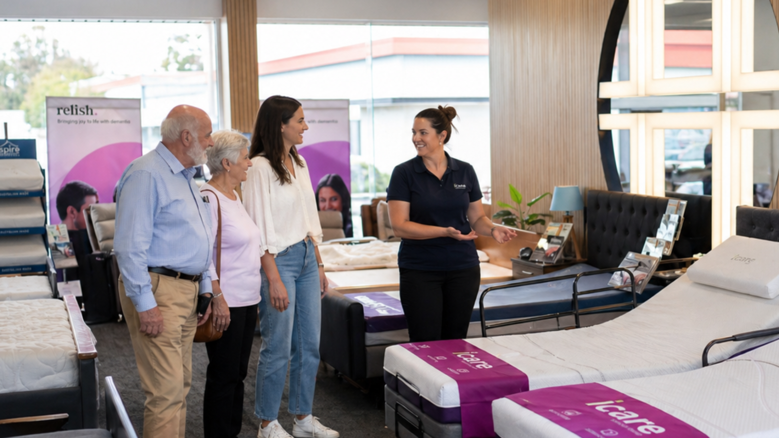older person, carer and product specialist discussing home care bed options in showroom