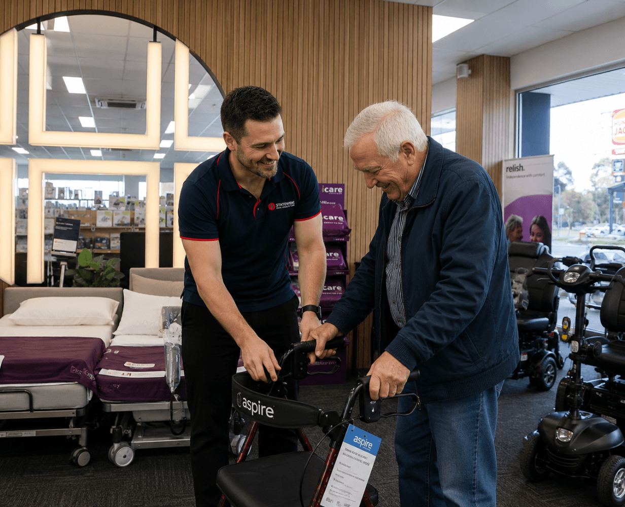 Customer trialling assistive technology equipment in the Statewide Home Health Care showroom