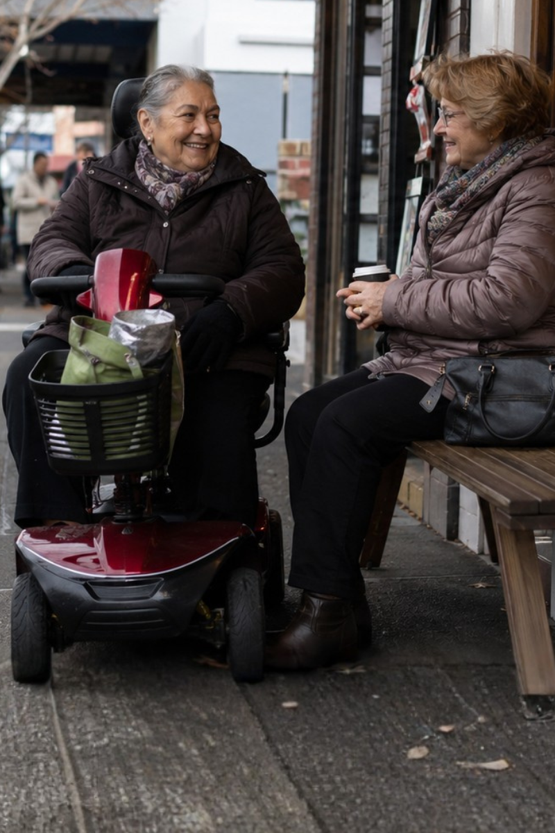 People speaking outside a home about assistive technology support